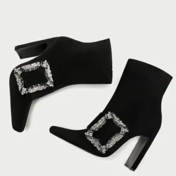Zara Black Suede Jewel Buckle Booties Size 41 - Picture 1 of 13